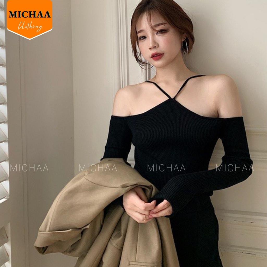 Áo Croptop Trễ Vai Phối Dây Mảnh Trên Cổ Kiểu Tay Dài Thun Gân - MICHAA