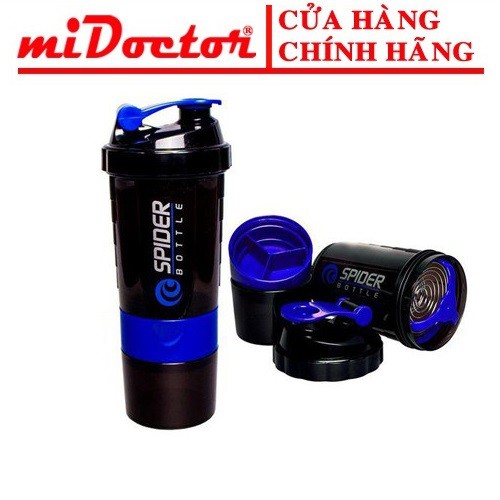 [Màu Xanh Dương] Bình lắc nước tập gym shaker 3 ngăn, có lò xo ở bên trong  - Chính hãng miDoctor