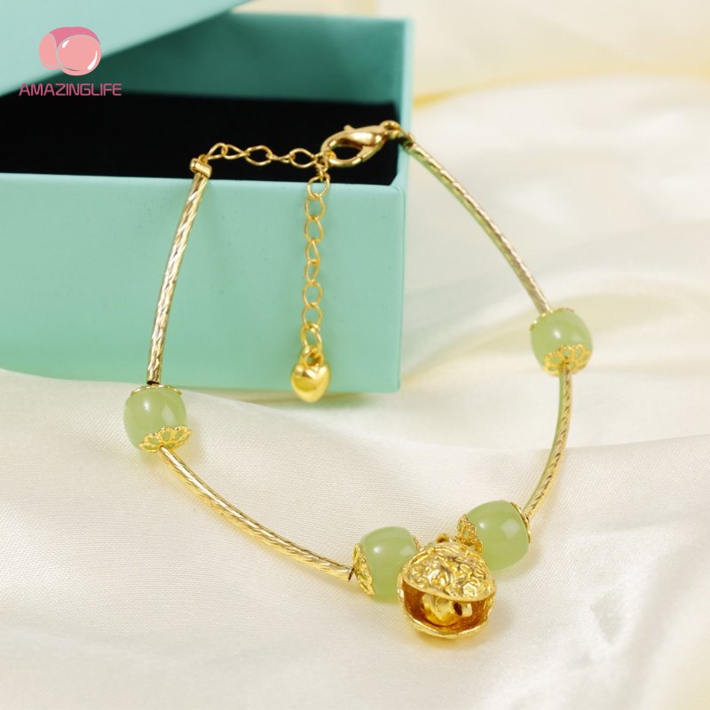 Vòng Tay Hạt Đá Ngọc Bích Nhân Tạo Phong Cách Trung Hoa / Mặt Dây Hình Chuông May Mắn Dễ Phối Đồ Dành Cho Nữ