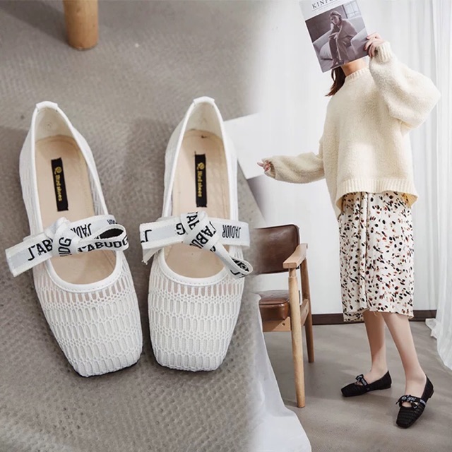 (Order-ảnh thật) Giày búp bê mũi vuông bệt lưới phối dây nơ chữ 2019