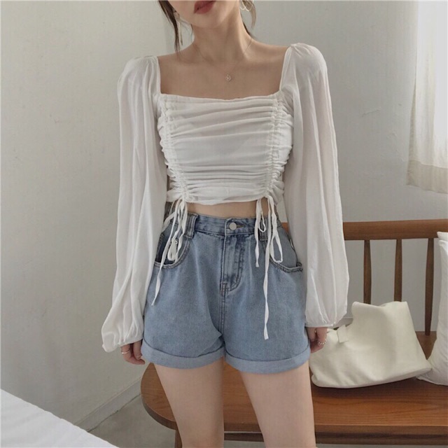 [Mã WAFS10 giảm 15% đơn 99k] Áo Kiểu Cổ Vuông Rút Dây 2 Bên 🌷