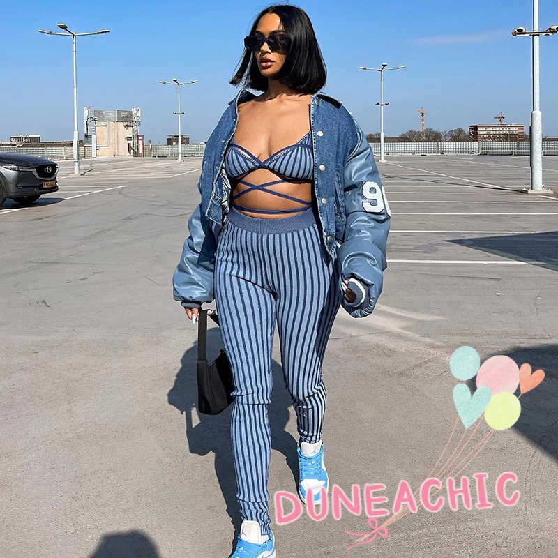 Set đồ DUNEA gồm áo tanktop họa tiết kẻ sọc và quần skinny thời trang dành cho nữ