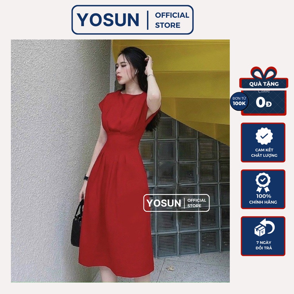 Đầm Nữ Dự Tiệc Tay Con Xếp Li Eo Sang Trọng, Đầm Nữ Form Dài Xòe Màu Đen Đỏ Nổi Bật