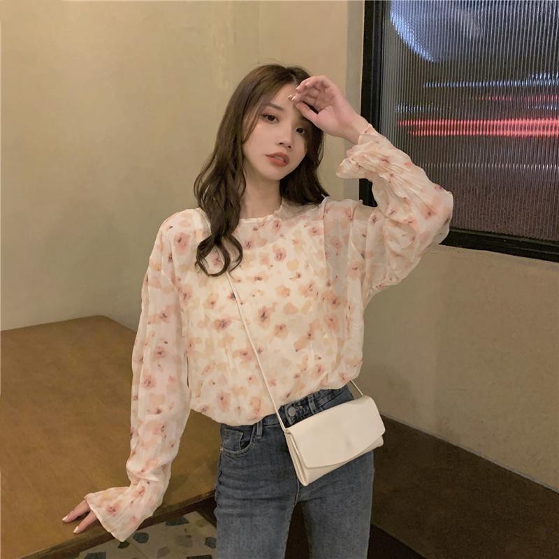 Korean style floral chiffon micro-transparent all-match long-sleeved shirt，cheap borong of Koreanfashion women's clothing readystock 210521