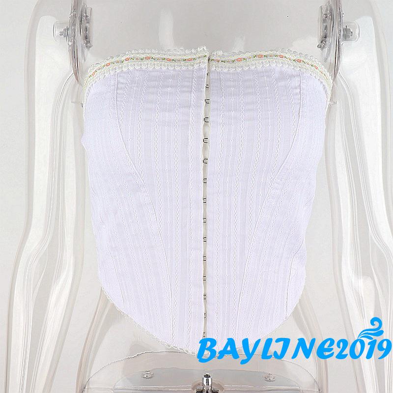 Bay-Women Single-breast Waist Corset, White Floral Pattern Off-the-shoulder Bodycon Tube Tops, S/ M/ L