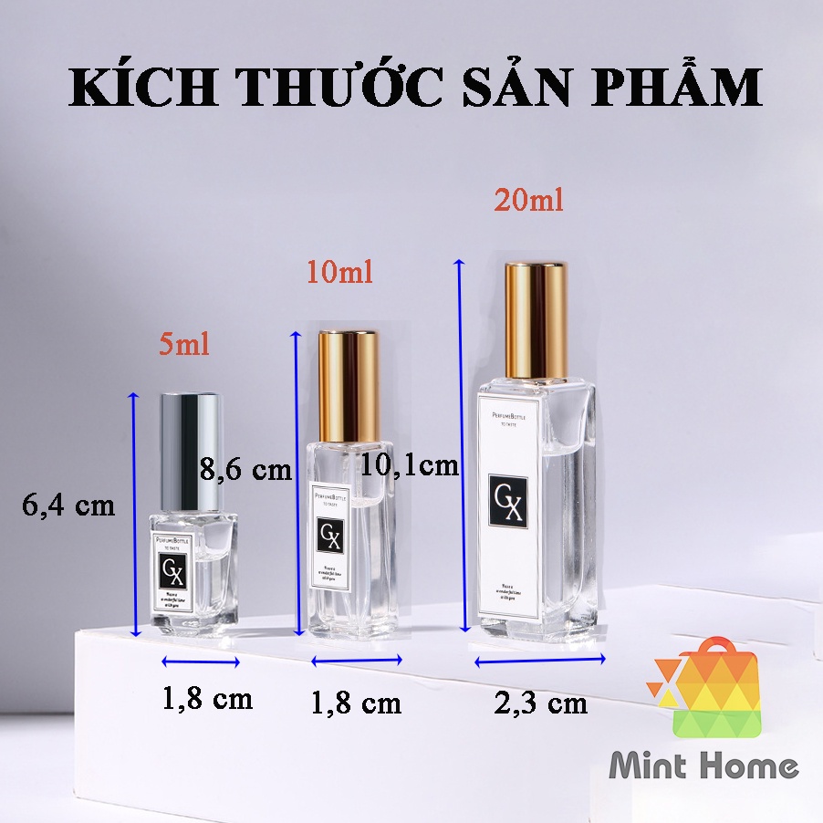 Chai chiết nước hoa, dung dịch, toner, lọ chiếc hình trụ vuông dạng xịt phun sương 5ml - 10ml - 20ml loại thủy tinh dày
