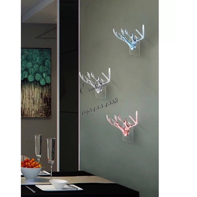 Ecohome Móc treo chìa khoá cặp sừng hươu chắc chắn bằng đế dán không cần khoan tường
