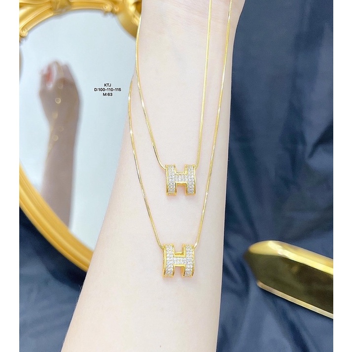 dây chuyền nữ mạ vàng dây lụa mặt chữ h phồng đính đá xinh xắn