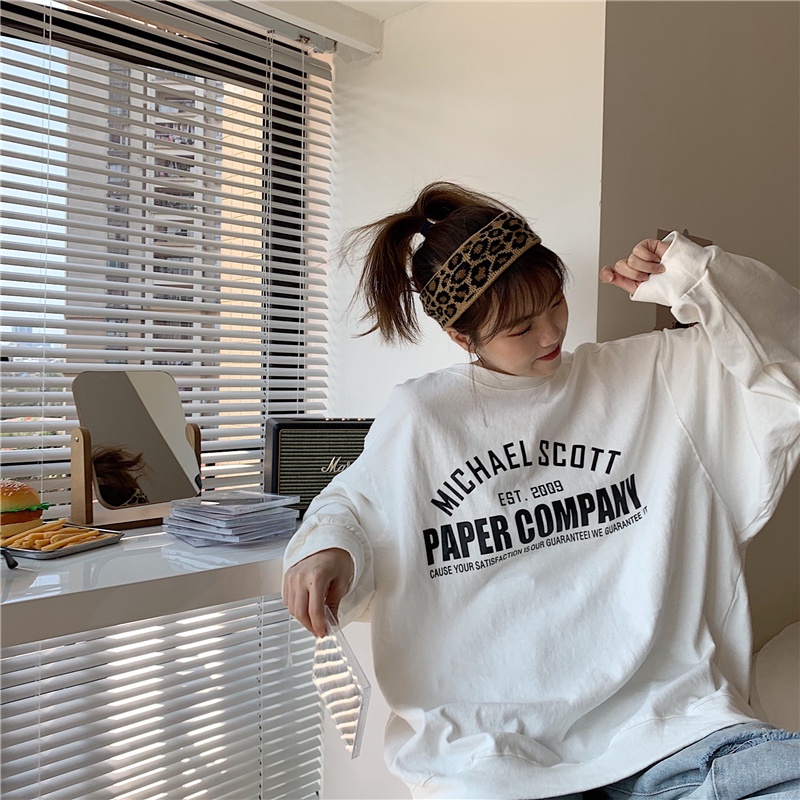 SUXI Áo sweater tay dài cổ tròn dáng rộng in chữ phong cách mùa thu cho nữ