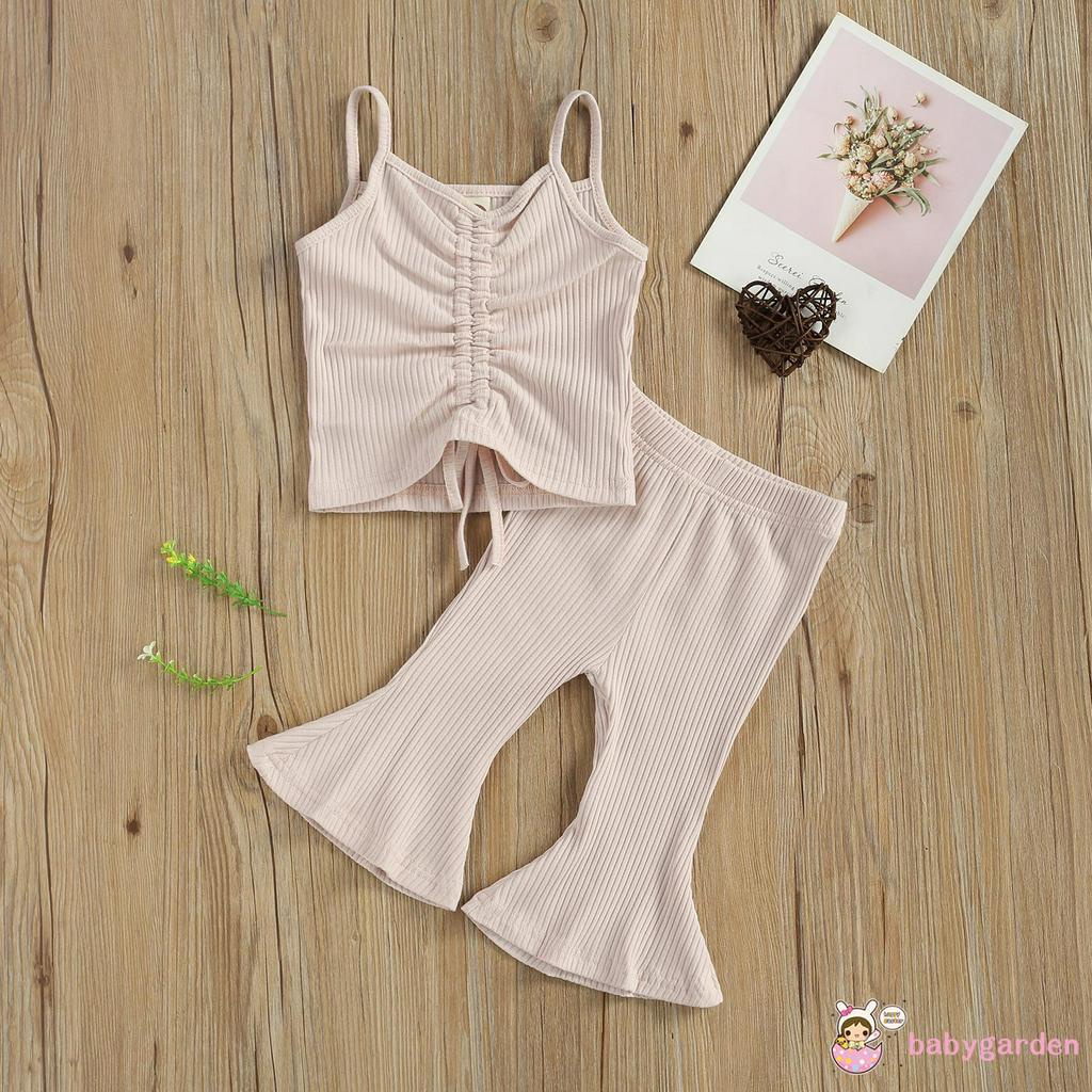 Set Áo Sát Nách Cổ Chữ V + Quần Ống Loe Phong Cách Đơn Giản Cho Bé Gái