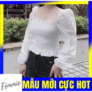 [SALE SẬP SÀN] ÁO HOTGIRL GIÁ RẺ - Áo tay dài phồng cổ vuông ôm eo trắng viền bèo - Thời trang hotgirl thiết kế cao cấp