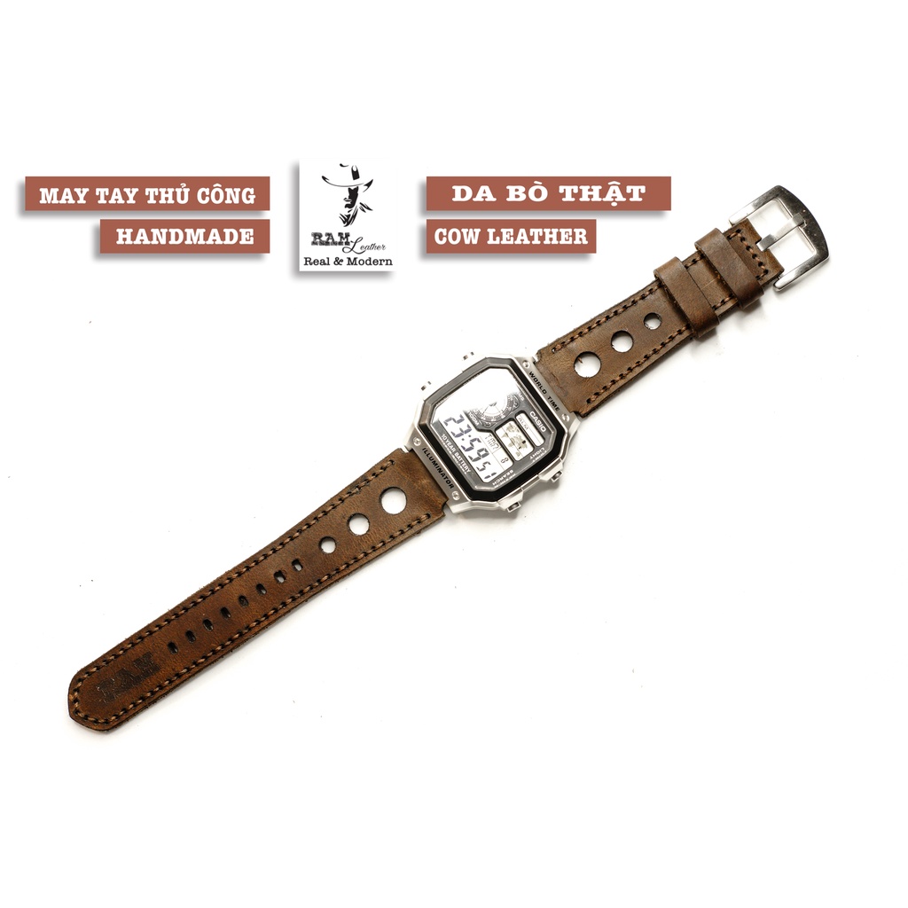 Dây đồng hồ RAM Leather D1 cho CASIO 1200, AE 1200, 1300, 1100, A159 , A168 , Size 18 da bò nâu đất