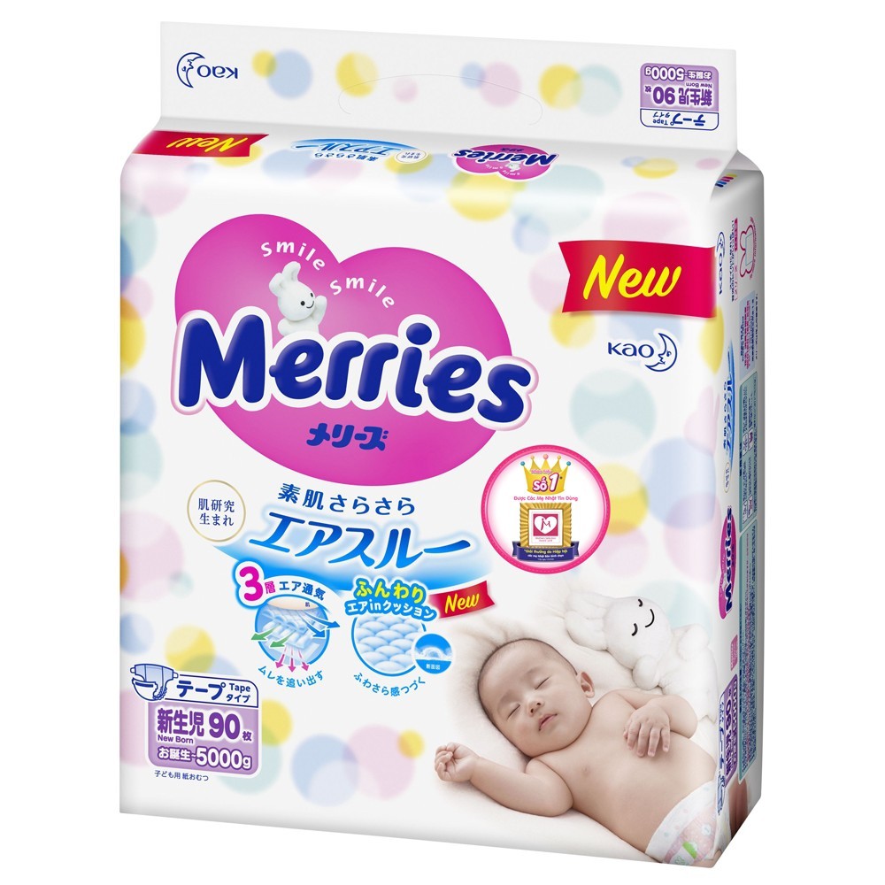 Bỉm dán Merries Newborn Nhật Bản gói 90 miếng cho bé từ sơ sinh tới 5kí