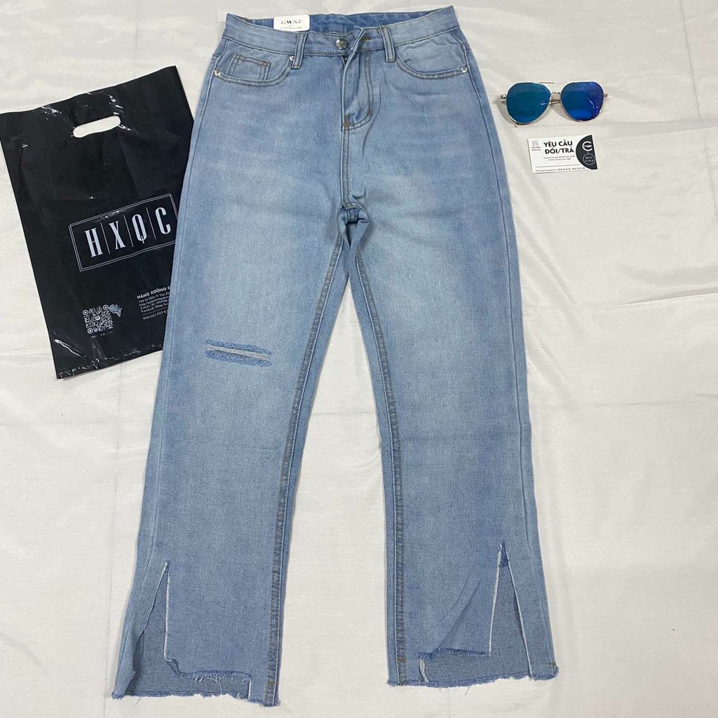 [SẴN]Quần jeans ống rộng rách lưng cao Ulzzang Quảng Châu QDJ71