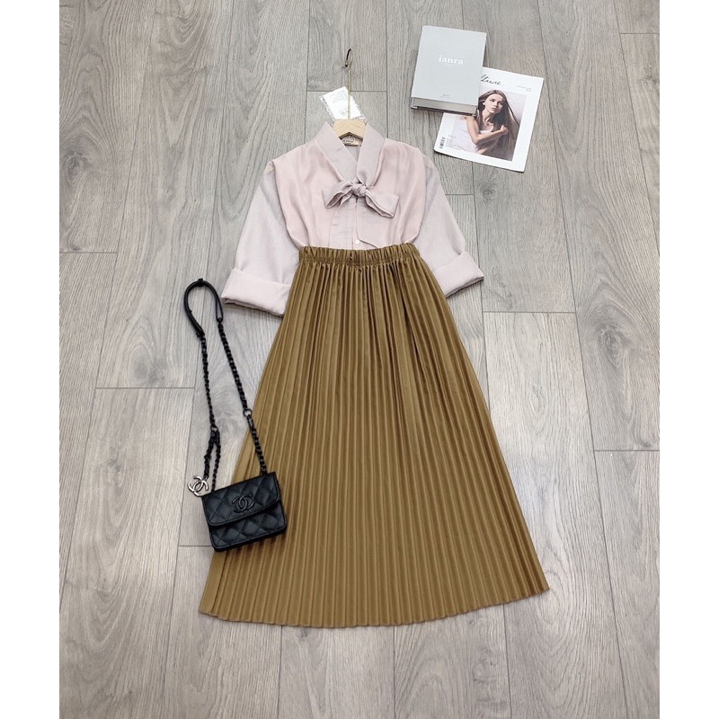 Set áo sơ mi nơ mix chân váy xếp ly dài siêu xinh (Hàng đẹp,có ảnh và video thật) | BigBuy360 - bigbuy360.vn