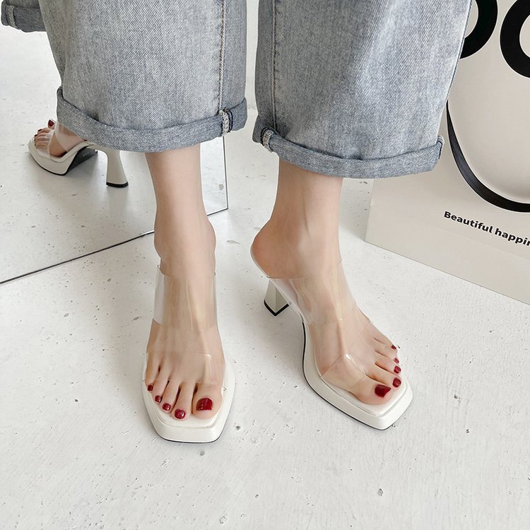Dép Sandal Cao Gót Mũi Vuông Quai Trong Suốt Thời Trang Mùa Hè 2022 Cho Nữ