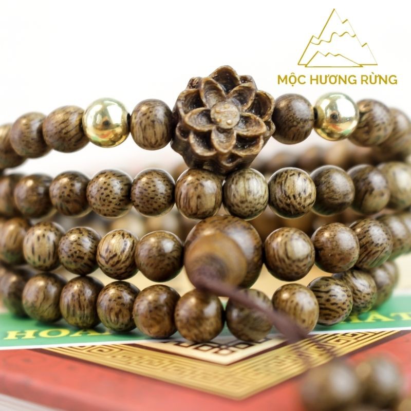 Vòng Trầm Hương-Chuỗi Tràng Hạt 108 Hạt Mix Bông Sen Gỗ Trầm Size 6-7-8mm Đồng Gía