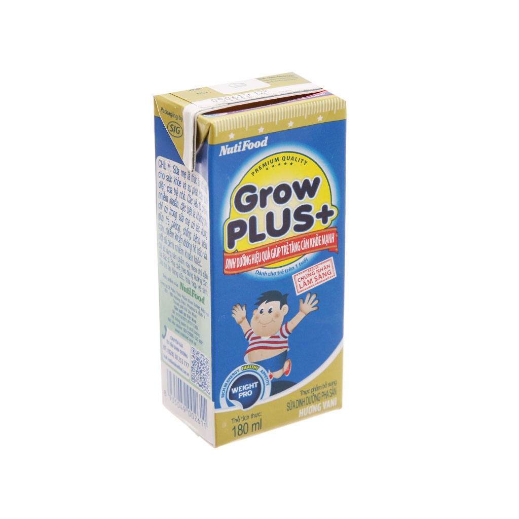 [CHÍNH HÃNG] Sữa Bột Pha Sẵn Nutifood Grow Plus+ Xanh Hương Vani Thùng 48 Hộp x 180ml (Giúp trẻ tăng cân khỏe mạnh)