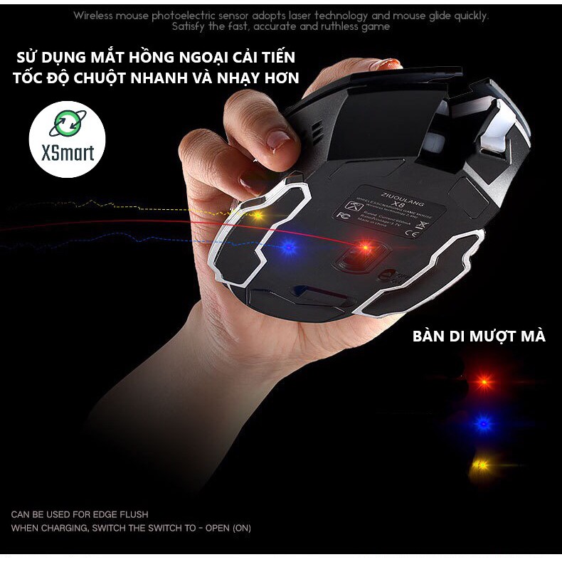 Chuột Không Dây Gaming Wolf X8 LED 7 Màu RGB, Pin Có Thể Sạc Dùng Cực Lâu, Chuột Chơi Game Không Dây