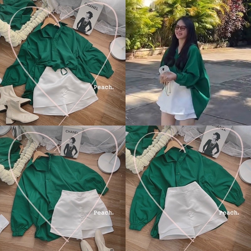 Bộ đồ áo sơ mi nữ màu xanh kèm quần giả váy màu trắng, áo sơ mi nữ bo chun cổ tay và quần giả váy thời trang