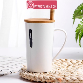 Cốc sứ trắng 400ml nắp gỗ thông điệp tiếng anh kèm thìa, quà tặng ý nghĩa