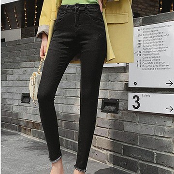 2021 spring and summer high-waisted slim jeans women Korean version of stretch pants with cotton and thin raw edge pencil pants casual denim pants black grey jeans