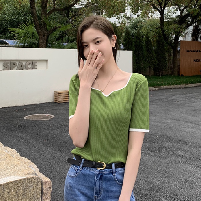 Áo Dệt Kim Ngắn Tay Cổ Vuông Màu Sắc Tương Phản Thời Trang