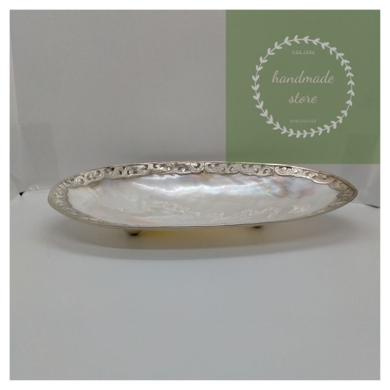 Đĩa đựng hoa quả đồ ăn bằng vỏ trai dày viền xi bạc trạm hoa văn hàng đại 27-29 cm - khay để trang sức