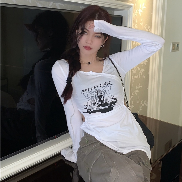 SUXI Áo Thun Tay Dài Dáng Ôm In Chữ Thời Trang Quyến Rũ Cho Nữ