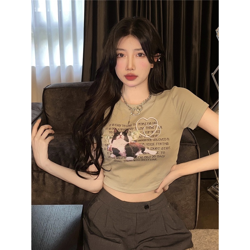 QKOOLE Áo croptop nữ  tay ngắn in họa tiết thời trang Hàn Quốc