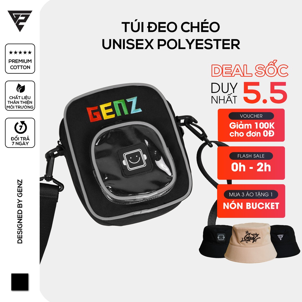 Túi đeo chéo GENZ thêu logo cao cấp, phong cách unisex phù hợp cả nam và nữ