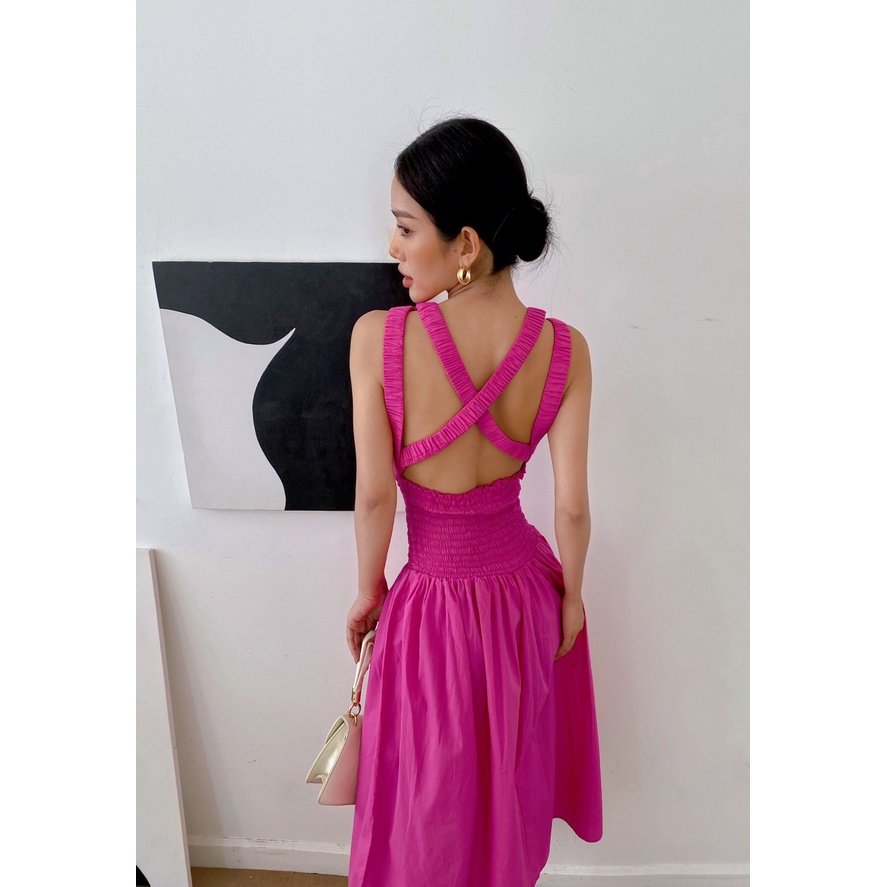 Váy Xoè Nhún Eo Cổ Tròn Hở Lưng Dây Đan Chéo,Đầm Dự Tiệc Thiết Kế Form Chuẩn Cao Cấp - MIRA Fashion