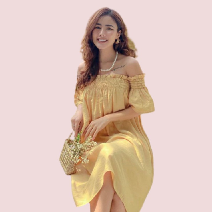 YU CHERRY | Đầm nữ trễ vai vải linen mịn Drop Off Shoulder Dress YD135