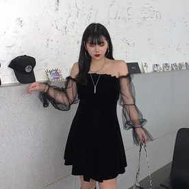 Váy đầm nữ dáng xòe tay lưới dài Đầm xòe trễ vai xinh xắn chất liệu Umi | BigBuy360 - bigbuy360.vn