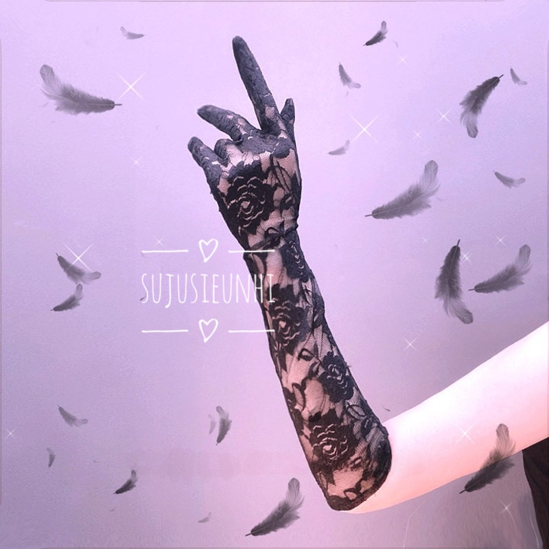 găng tay ren dài màu đen họa tiết dây leo hoa hồng phong cách lolita huyền bí