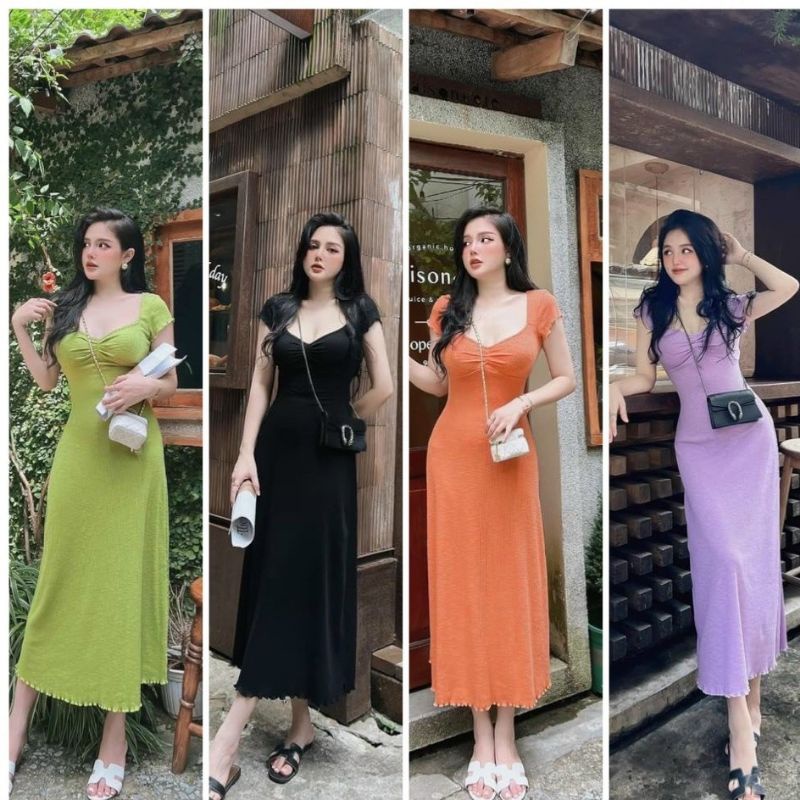 Đầm Tay Ngắn Cổ Vuông Nhún Ngực - Thun Gân - Dáng Dài Maxi Form Ôm Body Sexy