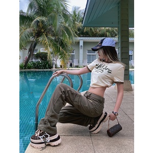 Honypove Quần Yếm Jeans Lưng Cao Nhiều Túi Phong Cách Retro Mỹ Cho Nữ