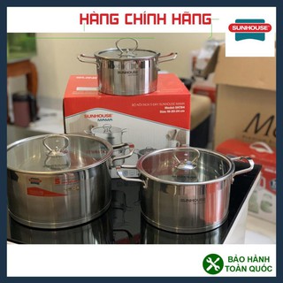 Bộ nồi Sunhouse Mama SH784, Bộ nồi inox Sunhouse SH784, đáy dùng cho bếp từ, 3 nồi kích thước: 16cm, 20cm, 24cm.