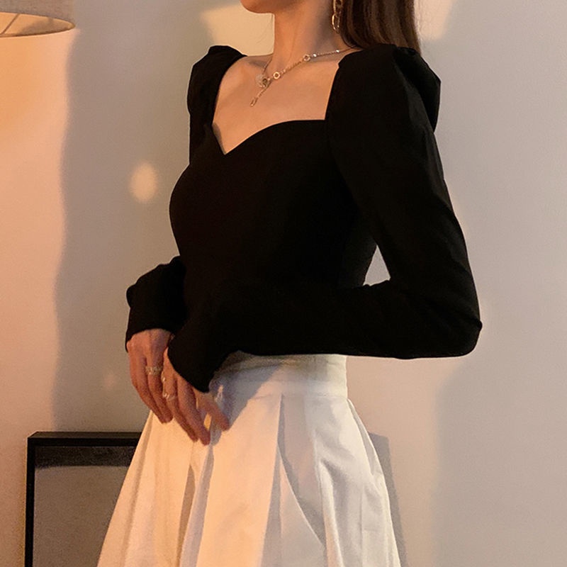 Áo Thun Tay Dài Phồng Cổ Vuông Dáng Ôm Thời Trang Retro Thanh Lịch Quyến Rũ Cho Nữ