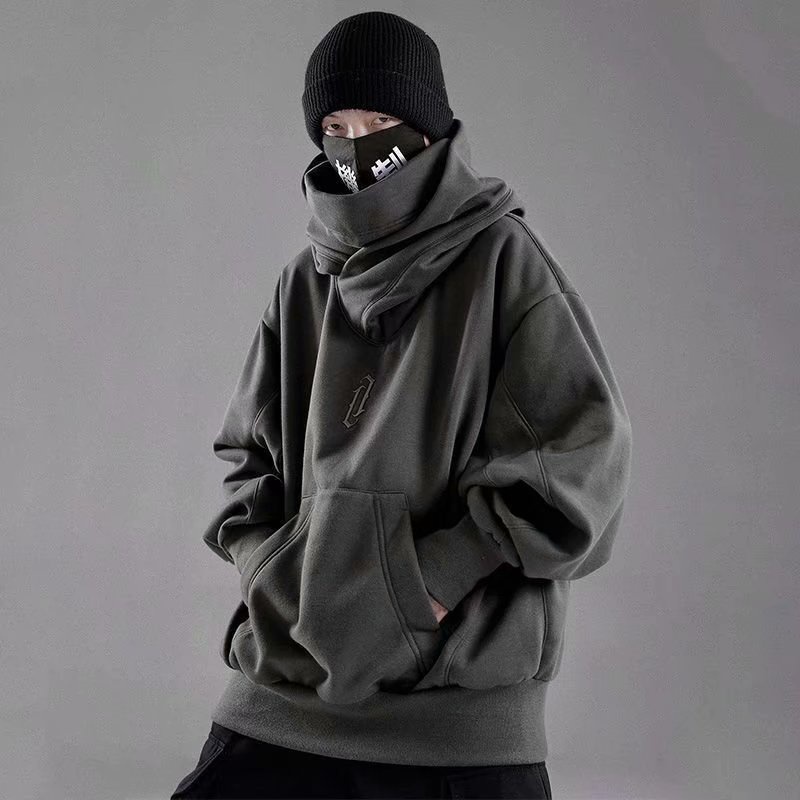 Áo hoodie nam tay dài cổ cao dáng rộng màu trơn phong cách hip hop đường phố Hàn Quốc