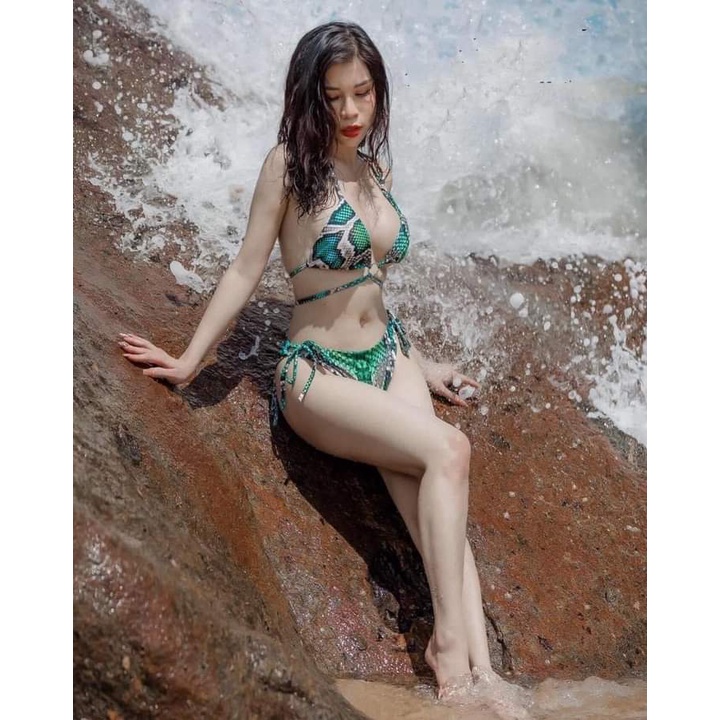 Sét bikini 3 món họa tiết rắn đồ bơi 2 mảnh kèm áo khoác KONKUN MS111