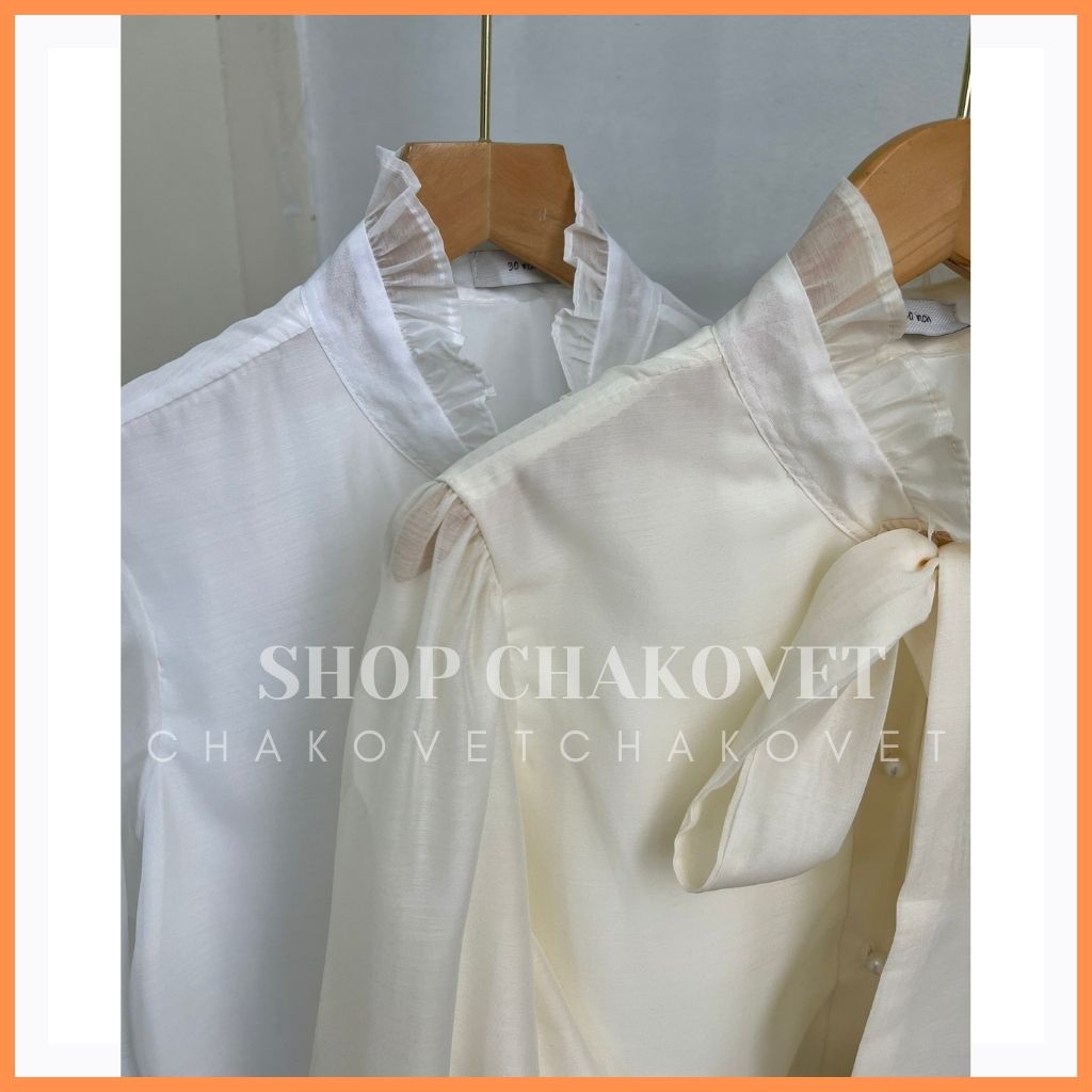 Áo sơ mi voan tiểu thư ulzzang hàn quốc 2 lớp A8163 cúc ngọc dễ thương cổ thắt nơ tay phồng bo chun siêu xinh sang chảnh