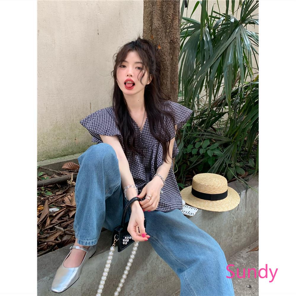 Áo Sơ Mi Cổ Chữ V Dáng Rộng Hoa Văn Kẻ Ô Thời Trang Mùa Hè Ngọt Ngào Dành Cho