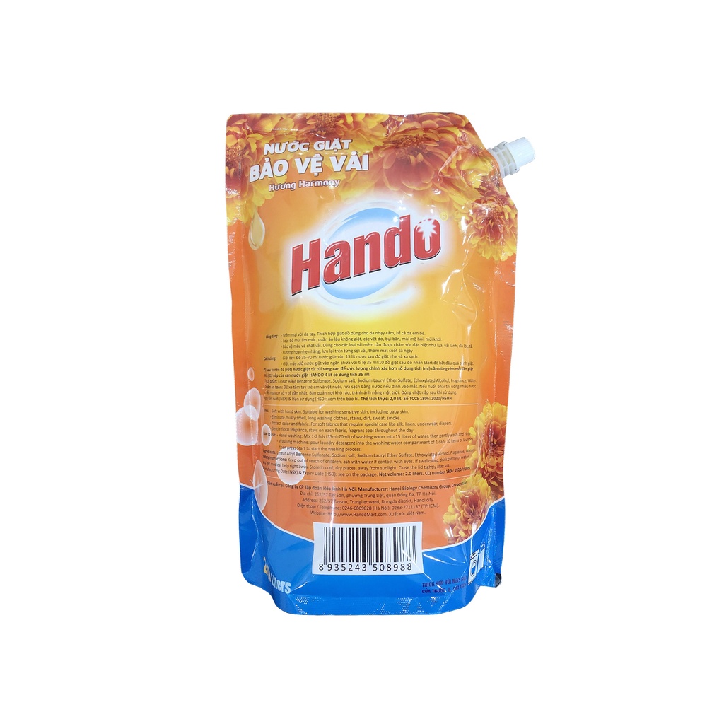 Túi nước giặt BẢO VỆ VẢI Hando hương Harmony 2L tiệu dụng
