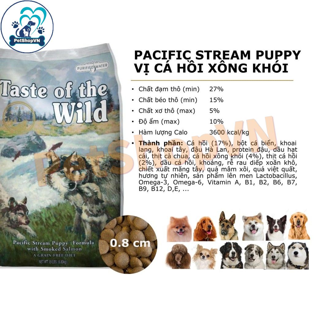 Thức Ăn Cho Chó Con Hạt TASTE OF THE WILD PACIFIC STREAM PUPPY Bao 12Kg Vị Cá Hồi Xông Khói