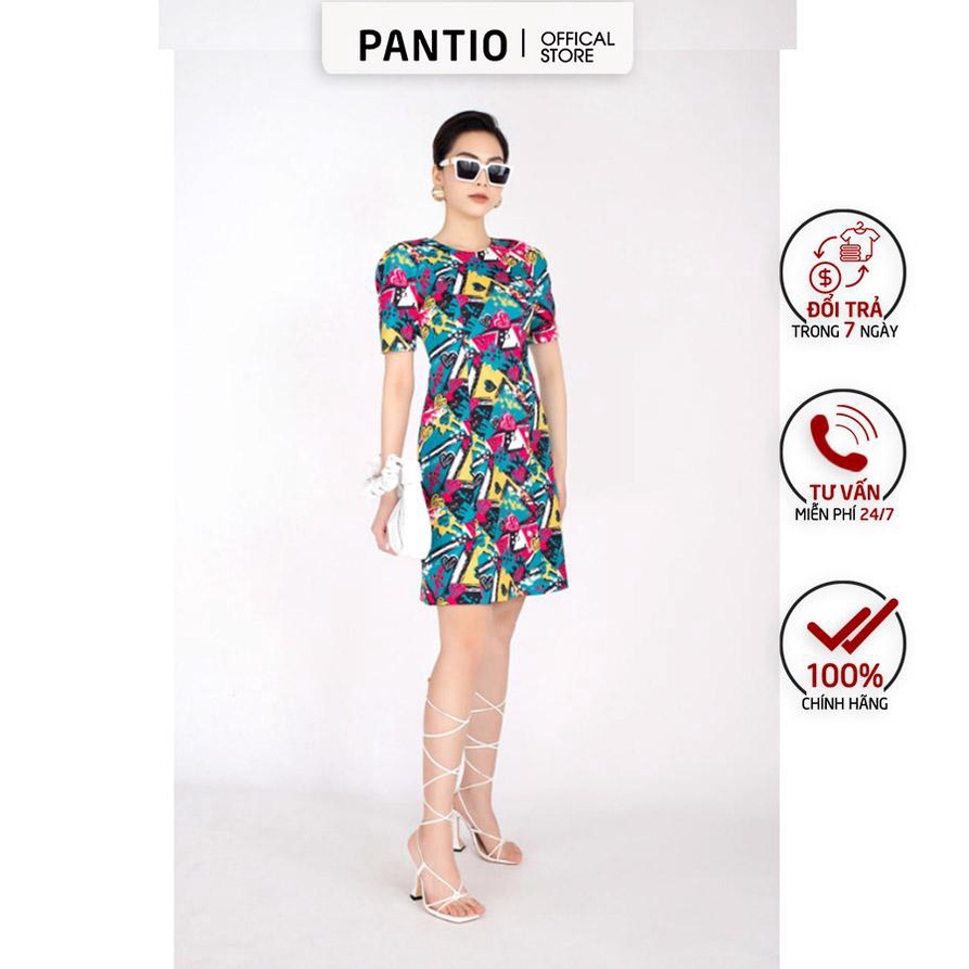 FDP12860 - Đầm dạo phố chất liệu cotton in họa tiết cổ tròn ngắn tay - PANTIO