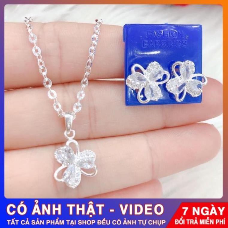 Bộ trang sức bạc đẹp gồm dây chuyền và hoa tai cỏ 3 lá may mắn