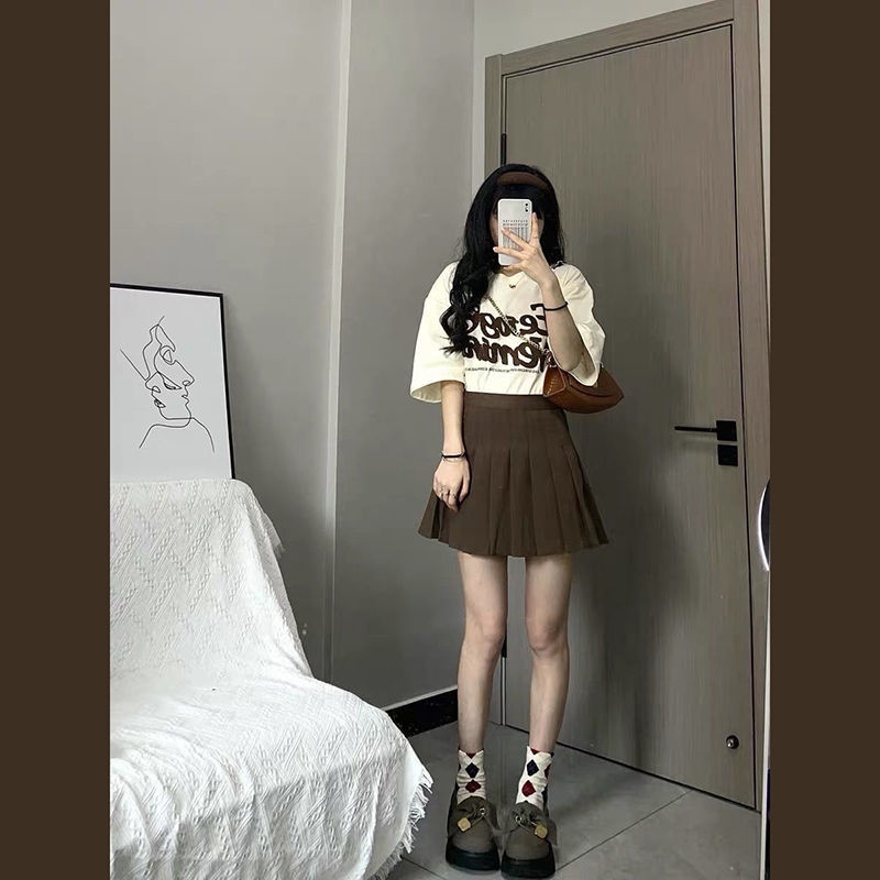 AMOI Bộ Áo Thun + Chân Váy Kaki Xếp Ly Phong Cách Retro Hàn Quốc Cho Nữ