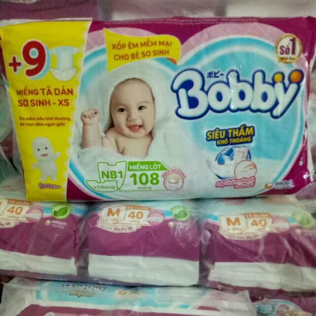 Miếng lót sơ sinh Bobby newborn 1 108 miếng tặng 3miếng tã dán xs