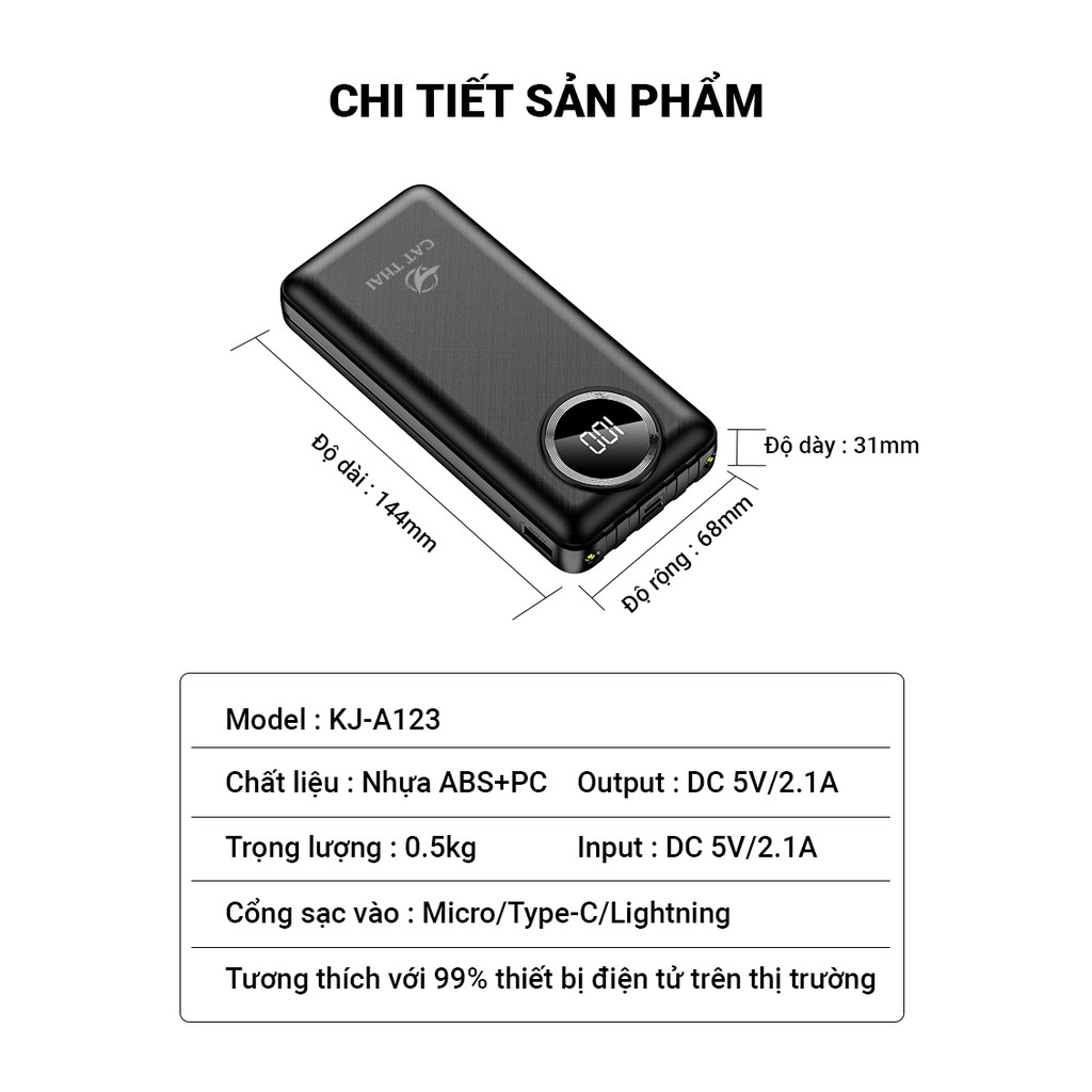 Pin sạc dự phòng Cát Thái KJ-A123 25000mAh có sẵn 4 cáp sạc rất tiện lợi, sạc nhanh thông minh 2.1A, 4 cổng sạc ra